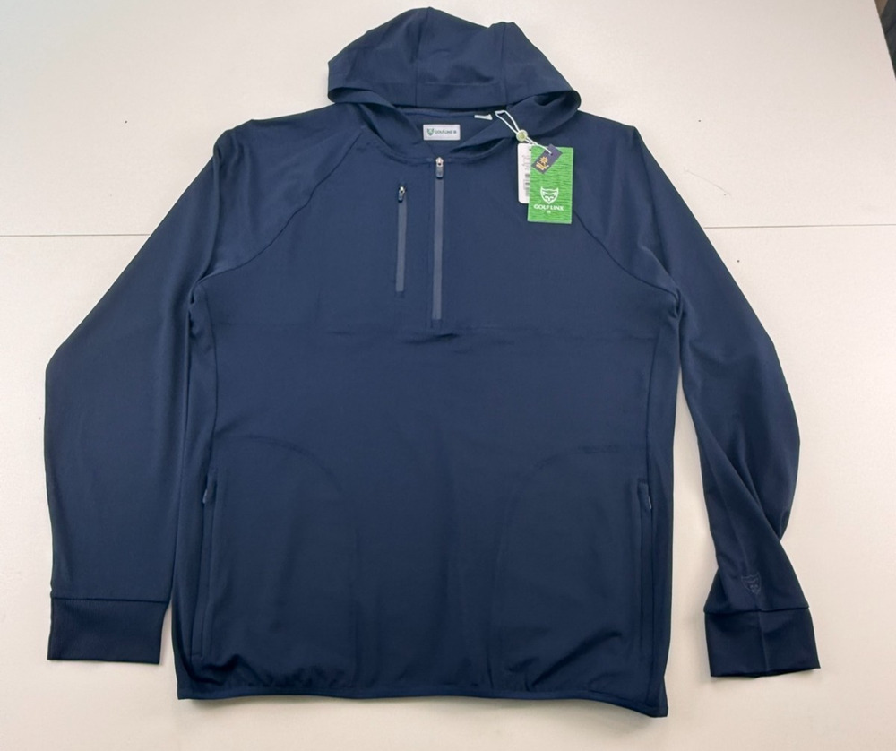 Golf Linx 18 Men's Large Midnight Blue 1/4 Zip Hooded Top UPF 50+ New GLML0011 N